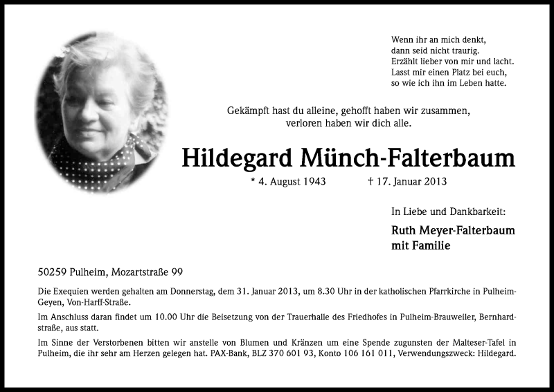  Traueranzeige für Hildegard Münch-Falterbaum vom 26.01.2013 aus Kölner Stadt-Anzeiger / Kölnische Rundschau / Express