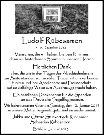 Anzeige von Ludolf Rübesamen von Kölner Stadt-Anzeiger / Kölnische Rundschau / Express