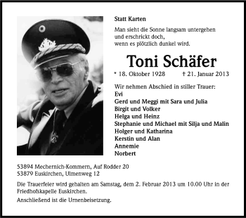 Anzeige von Toni Schäfer von Kölner Stadt-Anzeiger / Kölnische Rundschau / Express