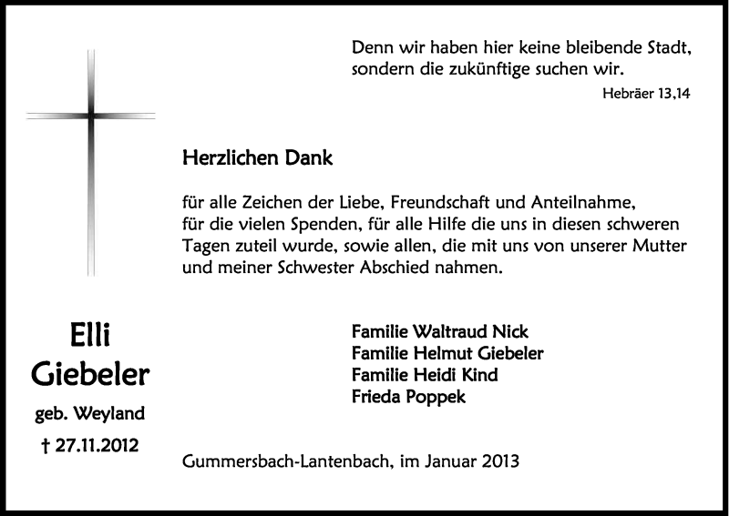  Traueranzeige für Elli Giebeler vom 26.01.2013 aus Kölner Stadt-Anzeiger / Kölnische Rundschau / Express