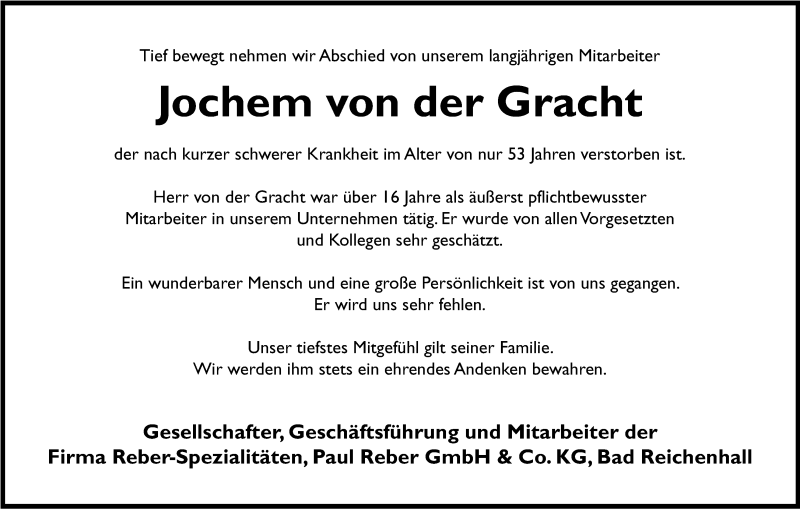  Traueranzeige für Jochem  von der Gracht vom 25.01.2013 aus Kölner Stadt-Anzeiger / Kölnische Rundschau / Express