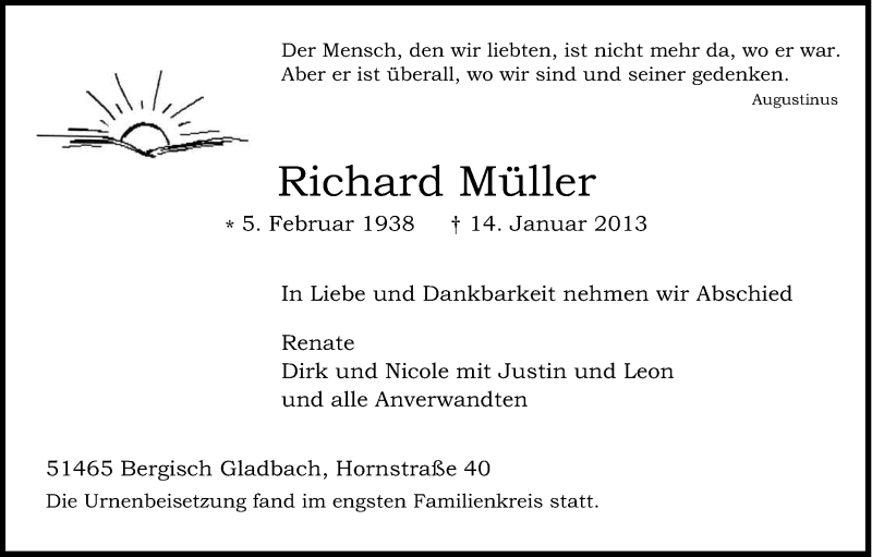  Traueranzeige für Richard Müller vom 29.01.2013 aus Kölner Stadt-Anzeiger / Kölnische Rundschau / Express