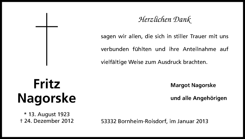  Traueranzeige für Fritz Nagorske vom 26.01.2013 aus Kölner Stadt-Anzeiger / Kölnische Rundschau / Express