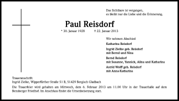 Anzeige von Paul Reisdorf von Kölner Stadt-Anzeiger / Kölnische Rundschau / Express