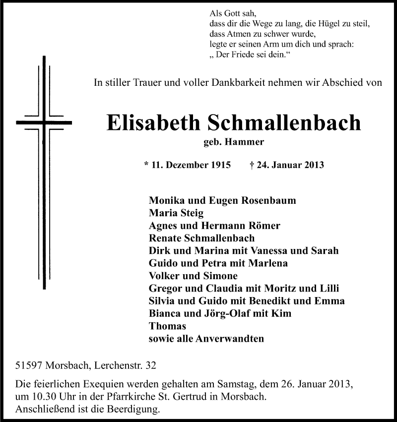  Traueranzeige für Elisabeth Schmallenbach vom 25.01.2013 aus Kölner Stadt-Anzeiger / Kölnische Rundschau / Express