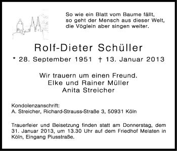 Anzeige von Rolf-Dieter Schüller von Kölner Stadt-Anzeiger / Kölnische Rundschau / Express