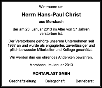 Anzeige von Hans-Paul Christ von Kölner Stadt-Anzeiger / Kölnische Rundschau / Express