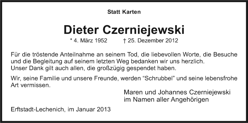  Traueranzeige für Dieter Czerniejewski vom 26.01.2013 aus Kölner Stadt-Anzeiger / Kölnische Rundschau / Express