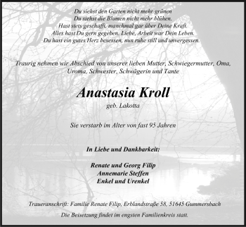 Anzeige von Anastasia Kroll von Kölner Stadt-Anzeiger / Kölnische Rundschau / Express