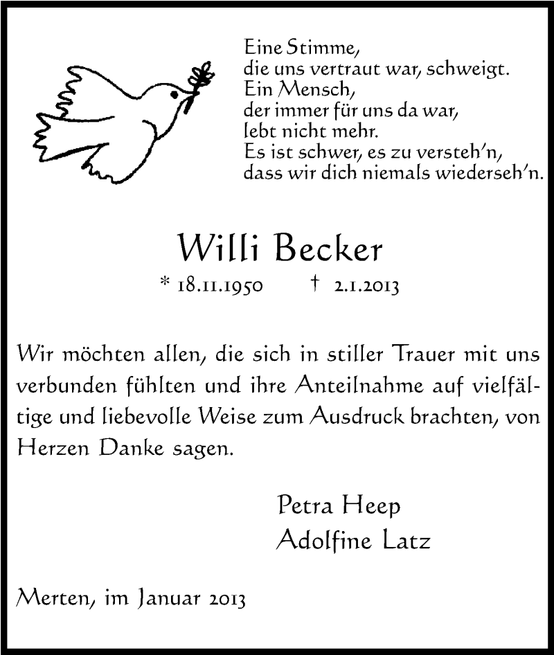 Traueranzeige für Willi Becker vom 02.02.2013 aus Kölner Stadt-Anzeiger / Kölnische Rundschau / Express