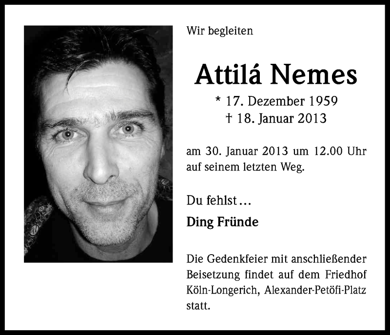  Traueranzeige für Attilá Nemes vom 25.01.2013 aus Kölner Stadt-Anzeiger / Kölnische Rundschau / Express