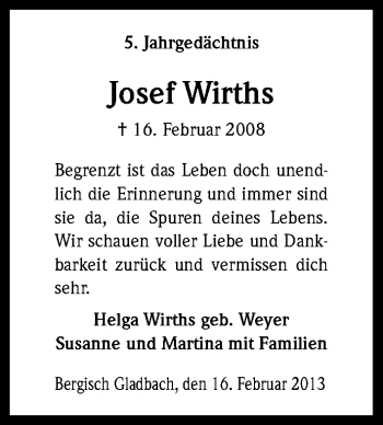 Anzeige von Josef Wirths von Kölner Stadt-Anzeiger / Kölnische Rundschau / Express
