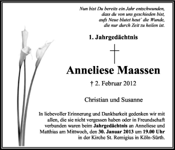 Anzeige von Anneliese Maasen von Kölner Stadt-Anzeiger / Kölnische Rundschau / Express