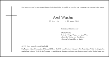 Anzeige von Axel Wache von Kölner Stadt-Anzeiger / Kölnische Rundschau / Express