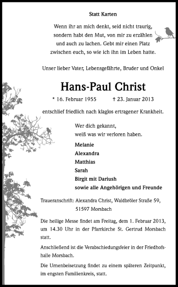 Anzeige von Hans-Paul Christ von Kölner Stadt-Anzeiger / Kölnische Rundschau / Express