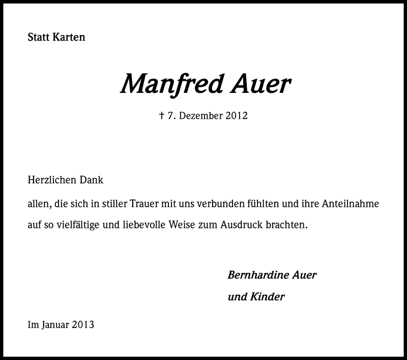  Traueranzeige für Manfred Auer vom 26.01.2013 aus Kölner Stadt-Anzeiger / Kölnische Rundschau / Express
