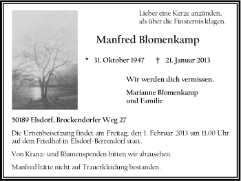 Anzeige von Manfred Blomenkamp von Kölner Stadt-Anzeiger / Kölnische Rundschau / Express