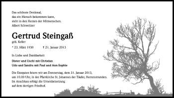 Anzeige von Gertrud Steingaß von Kölner Stadt-Anzeiger / Kölnische Rundschau / Express