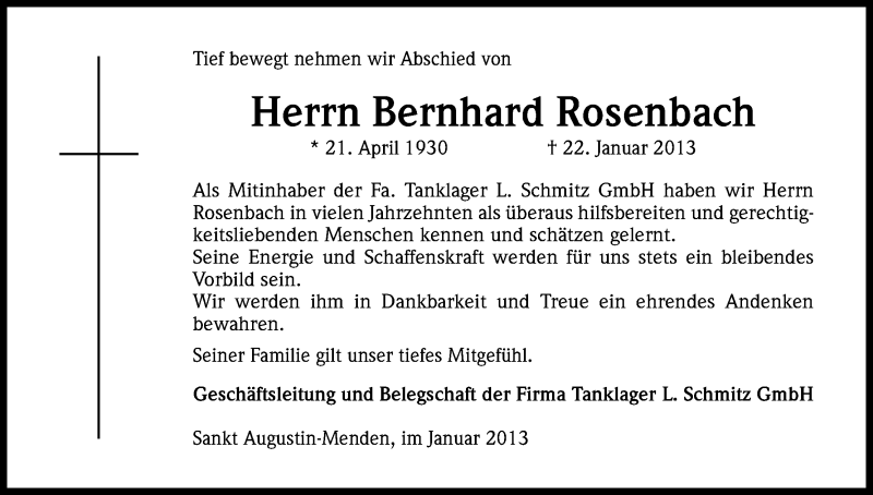  Traueranzeige für Bernhard Rosenbach vom 26.01.2013 aus Kölner Stadt-Anzeiger / Kölnische Rundschau / Express