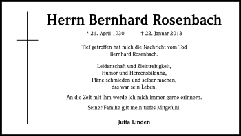 Anzeige von Bernhard Rosenbach von Kölner Stadt-Anzeiger / Kölnische Rundschau / Express