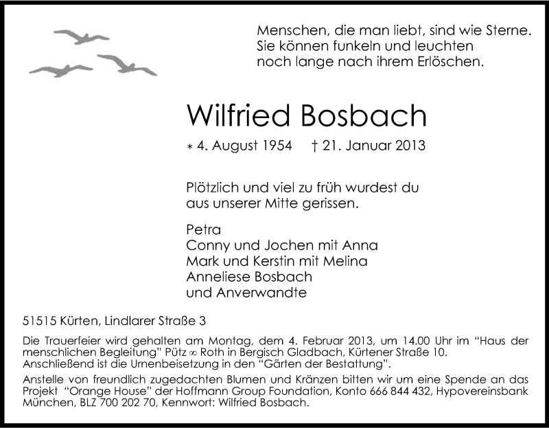  Traueranzeige für Wilhelm Bosbach vom 26.01.2013 aus Kölner Stadt-Anzeiger / Kölnische Rundschau / Express