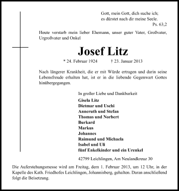 Anzeige von Josef Litz von Kölner Stadt-Anzeiger / Kölnische Rundschau / Express