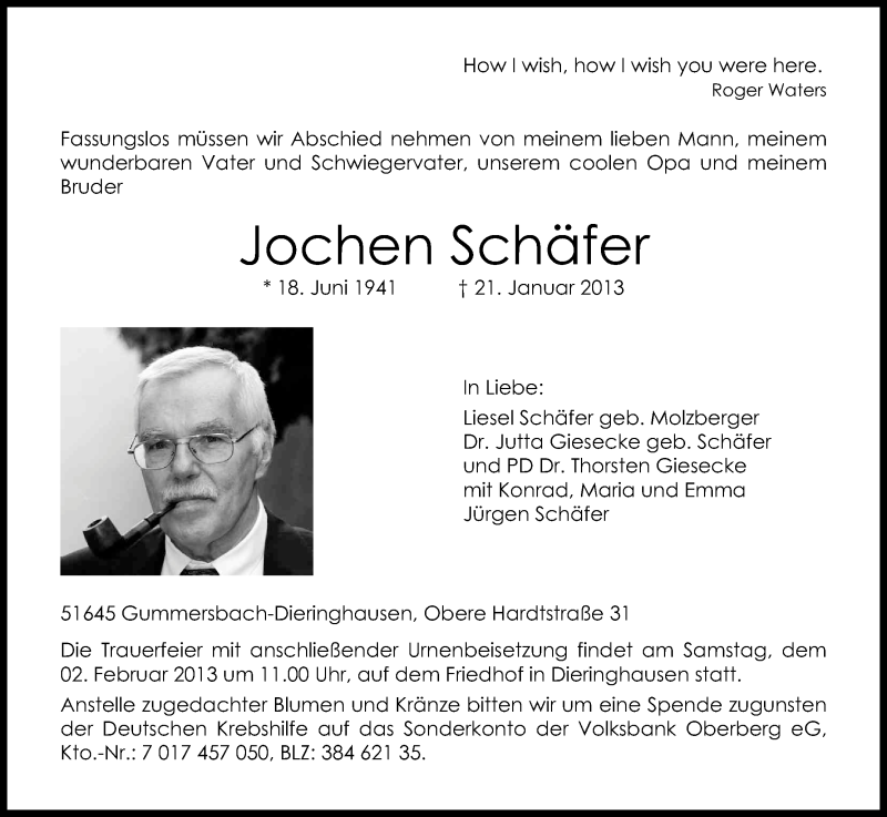  Traueranzeige für Jochen Schäfer vom 26.01.2013 aus Kölner Stadt-Anzeiger / Kölnische Rundschau / Express