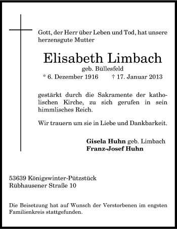 Anzeige von Elisabeth Limbach von Kölner Stadt-Anzeiger / Kölnische Rundschau / Express
