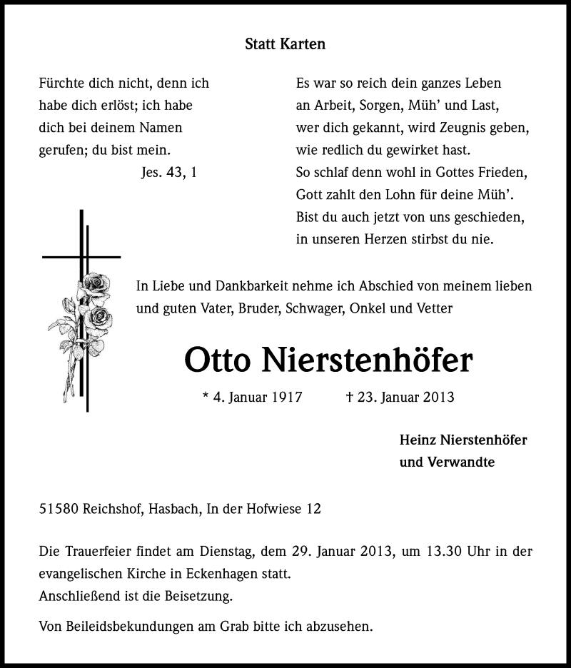  Traueranzeige für Otto Nierstenhöfer vom 26.01.2013 aus Kölner Stadt-Anzeiger / Kölnische Rundschau / Express