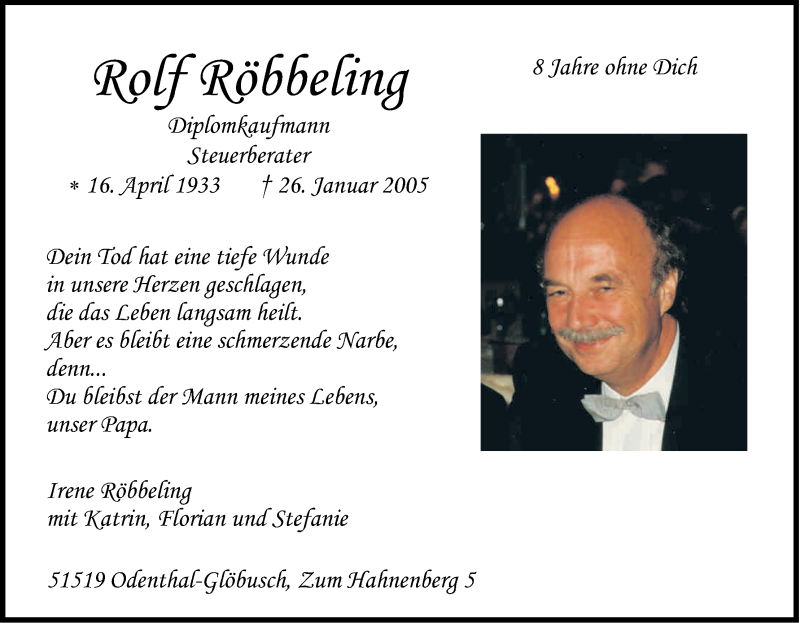  Traueranzeige für Rolf Röbbeling vom 26.01.2013 aus Kölner Stadt-Anzeiger / Kölnische Rundschau / Express