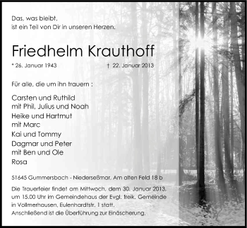 Anzeige von Friedhelm Krauthoff von Kölner Stadt-Anzeiger / Kölnische Rundschau / Express