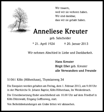 Anzeige von Anneliese Kreuter von Kölner Stadt-Anzeiger / Kölnische Rundschau / Express