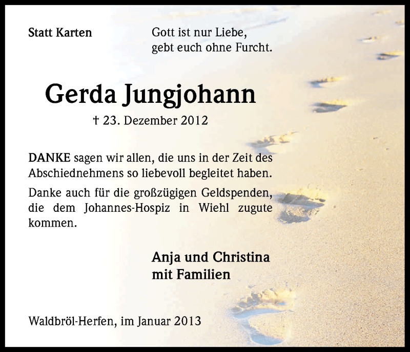  Traueranzeige für Gerda Jungjohann vom 26.01.2013 aus Kölner Stadt-Anzeiger / Kölnische Rundschau / Express