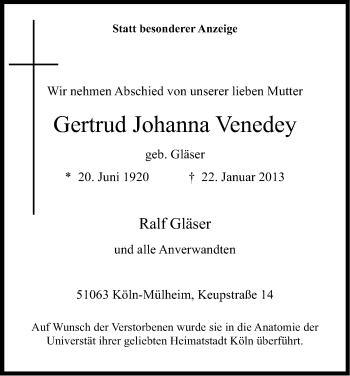 Anzeige von Gertrud Johanna Venedey von Kölner Stadt-Anzeiger / Kölnische Rundschau / Express