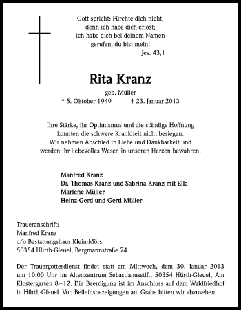 Anzeige von Rita Kranz von Kölner Stadt-Anzeiger / Kölnische Rundschau / Express
