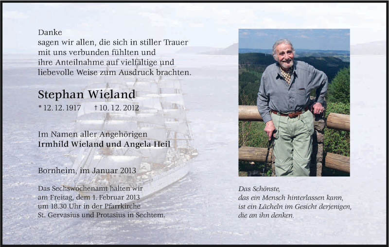  Traueranzeige für Stephan Wieland vom 26.01.2013 aus Kölner Stadt-Anzeiger / Kölnische Rundschau / Express