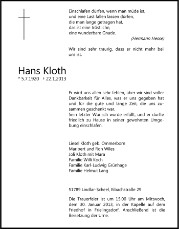 Anzeige von Hans Kloth von Kölner Stadt-Anzeiger / Kölnische Rundschau / Express