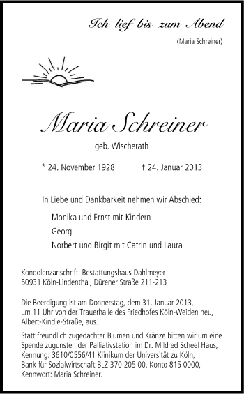Anzeige von Maria Schreiner von Kölner Stadt-Anzeiger / Kölnische Rundschau / Express