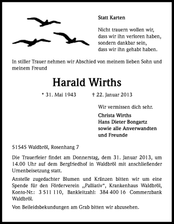 Anzeige von Harald Wirths von Kölner Stadt-Anzeiger / Kölnische Rundschau / Express