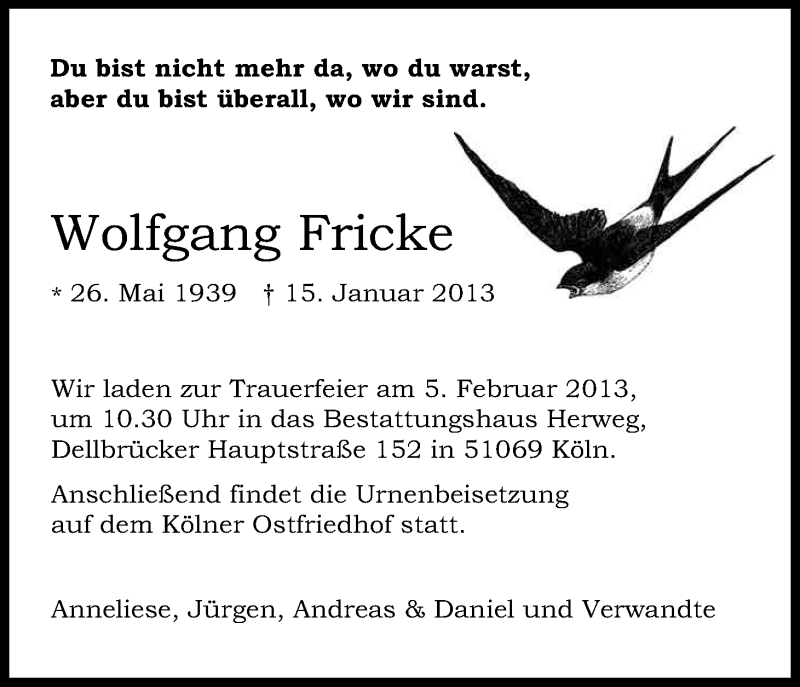  Traueranzeige für Wolfgang Fricke vom 26.01.2013 aus Kölner Stadt-Anzeiger / Kölnische Rundschau / Express
