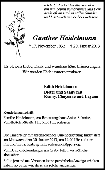 Anzeige von Günther Heidelmann von Kölner Stadt-Anzeiger / Kölnische Rundschau / Express