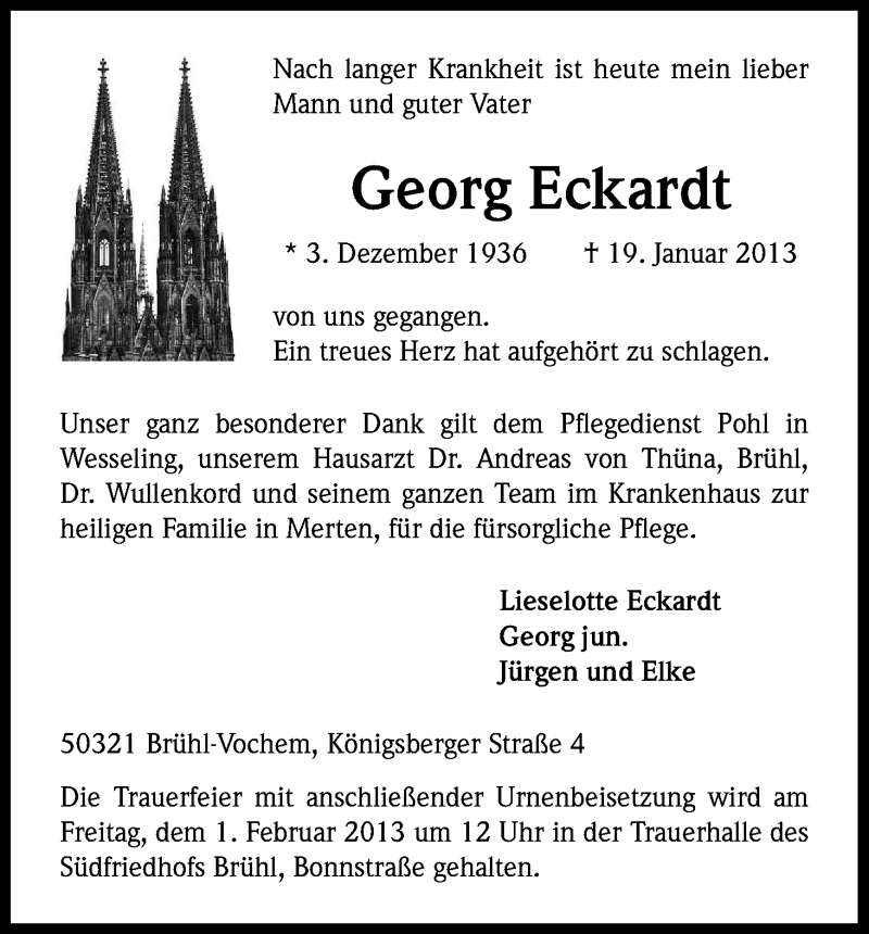  Traueranzeige für Georg Eckardt vom 30.01.2013 aus Kölner Stadt-Anzeiger / Kölnische Rundschau / Express