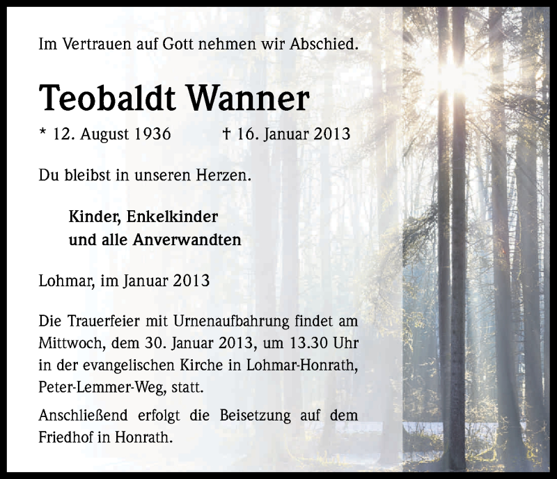  Traueranzeige für Theobaldt Wanner vom 26.01.2013 aus Kölner Stadt-Anzeiger / Kölnische Rundschau / Express