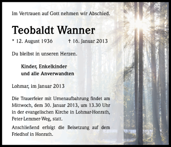 Anzeige von Theobaldt Wanner von Kölner Stadt-Anzeiger / Kölnische Rundschau / Express