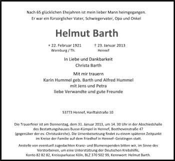 Anzeige von Helmut Barth von Kölner Stadt-Anzeiger / Kölnische Rundschau / Express