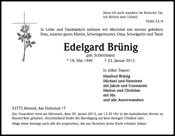 Anzeige von Edelgard Brüning von Kölner Stadt-Anzeiger / Kölnische Rundschau / Express