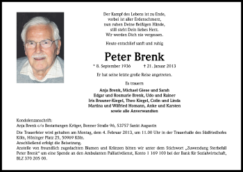 Anzeige von Peter Brenk von Kölner Stadt-Anzeiger / Kölnische Rundschau / Express