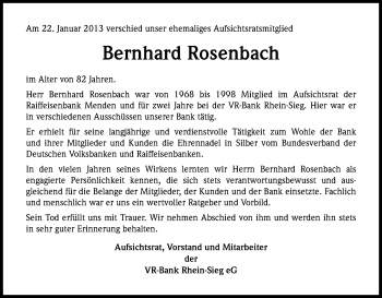 Anzeige von Bernhard Rosenbach von Kölner Stadt-Anzeiger / Kölnische Rundschau / Express