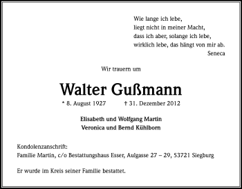 Anzeige von Walter Gußmann von Kölner Stadt-Anzeiger / Kölnische Rundschau / Express