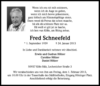 Anzeige von Fred Schneefeld von Kölner Stadt-Anzeiger / Kölnische Rundschau / Express